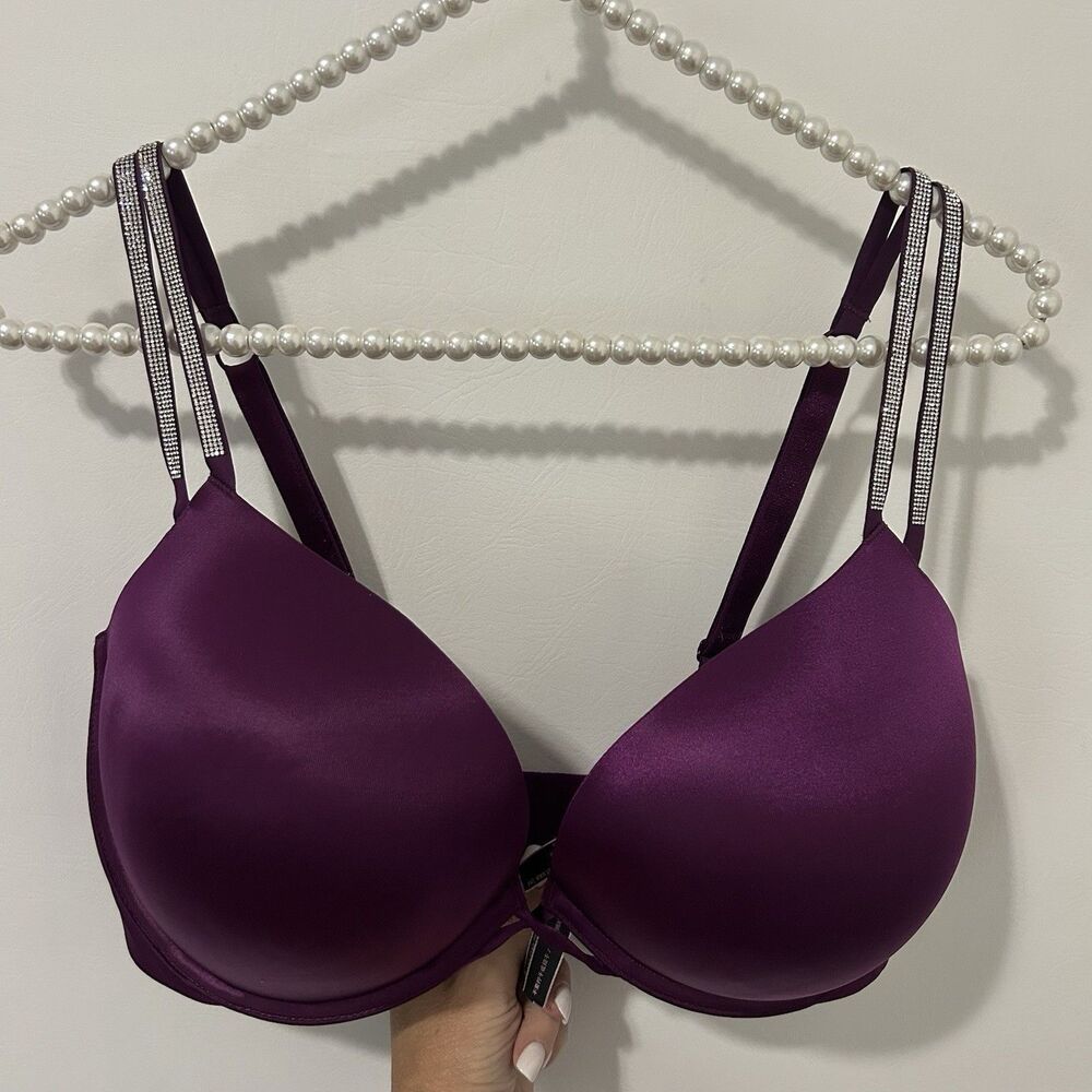 Victorias Secret Bombshell Bra 38DD Shine Strap Push-Up Purple Bling Sexy